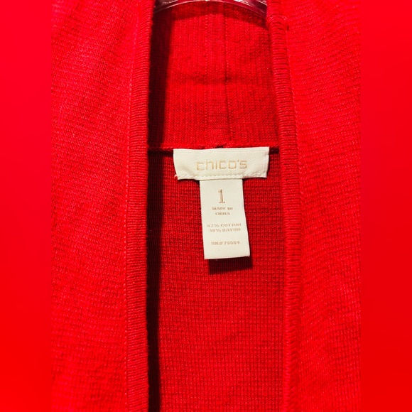 CHICO’S Red Sleeveless Long Open Front Knit Cardigan Sweater With 2 Pockets, M - Picture 4 of 5